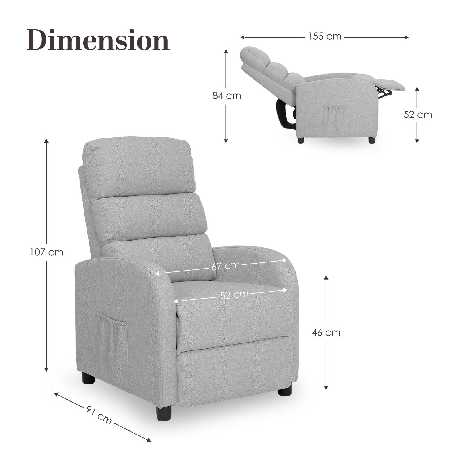 Home Recliner Chair - Linen Fabric Sofa Lounge Armchair SHILOH GREY V274-FT-RC-6501FA-GY