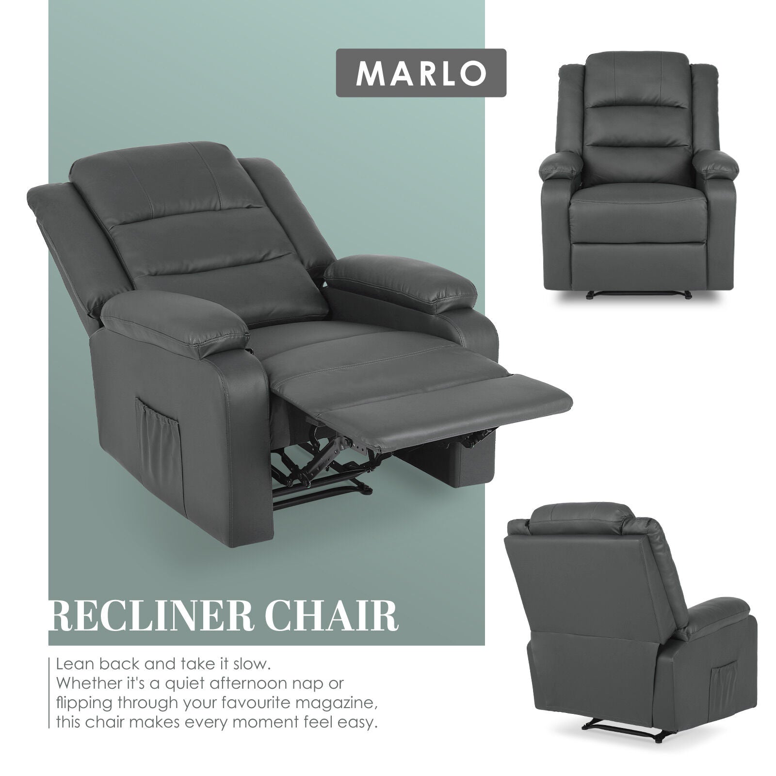 Home Recliner Chair - PU Leather Sofa Lounge Armchair MARLO GREY V274-FT-RC-6502PU-GY