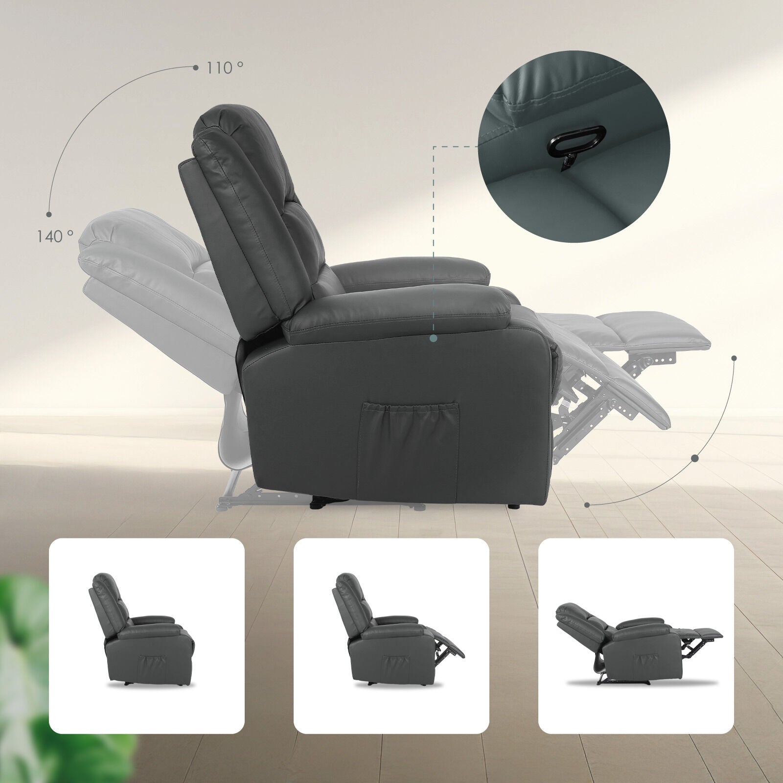 Home Recliner Chair - PU Leather Sofa Lounge Armchair MARLO GREY V274-FT-RC-6502PU-GY