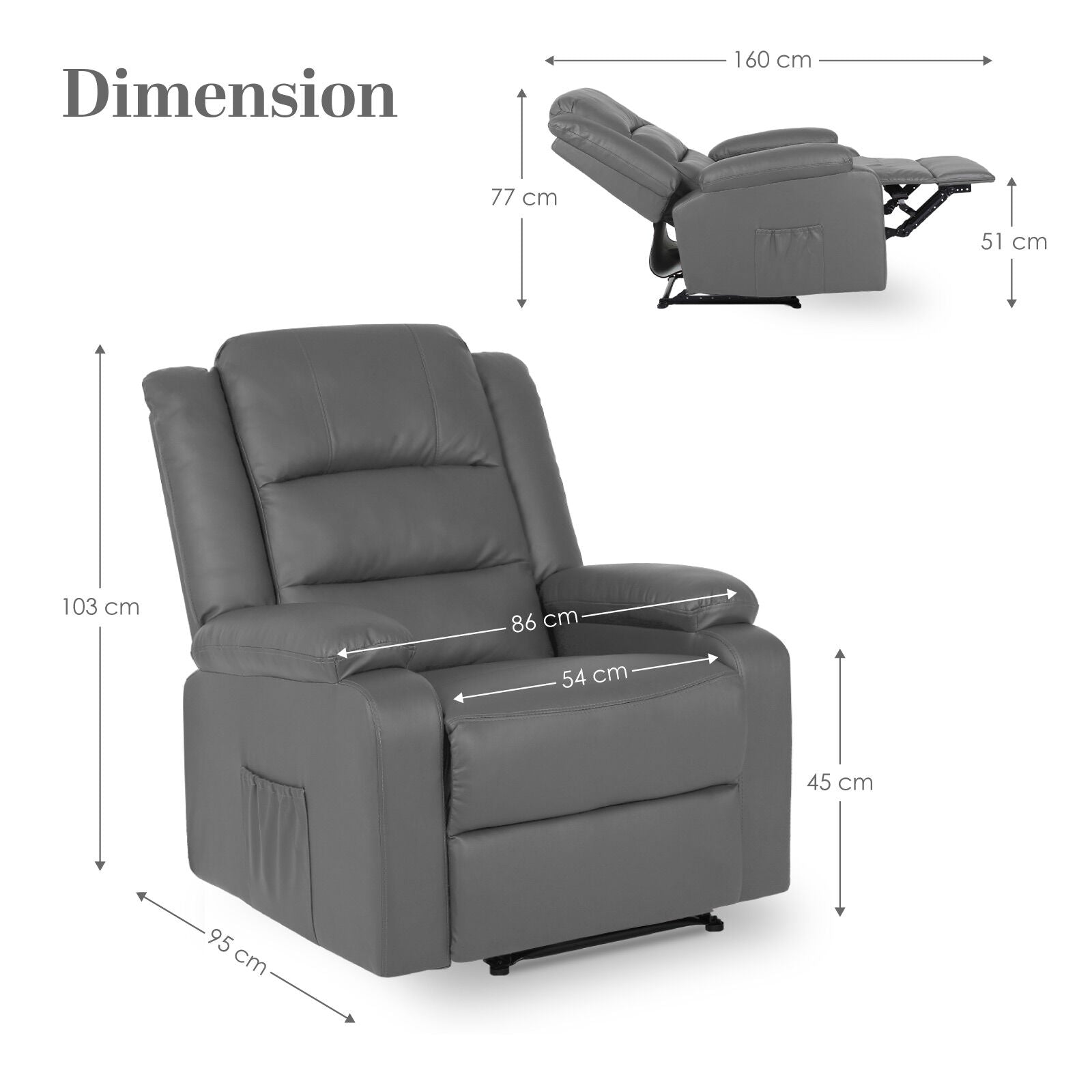 Home Recliner Chair - PU Leather Sofa Lounge Armchair MARLO GREY V274-FT-RC-6502PU-GY