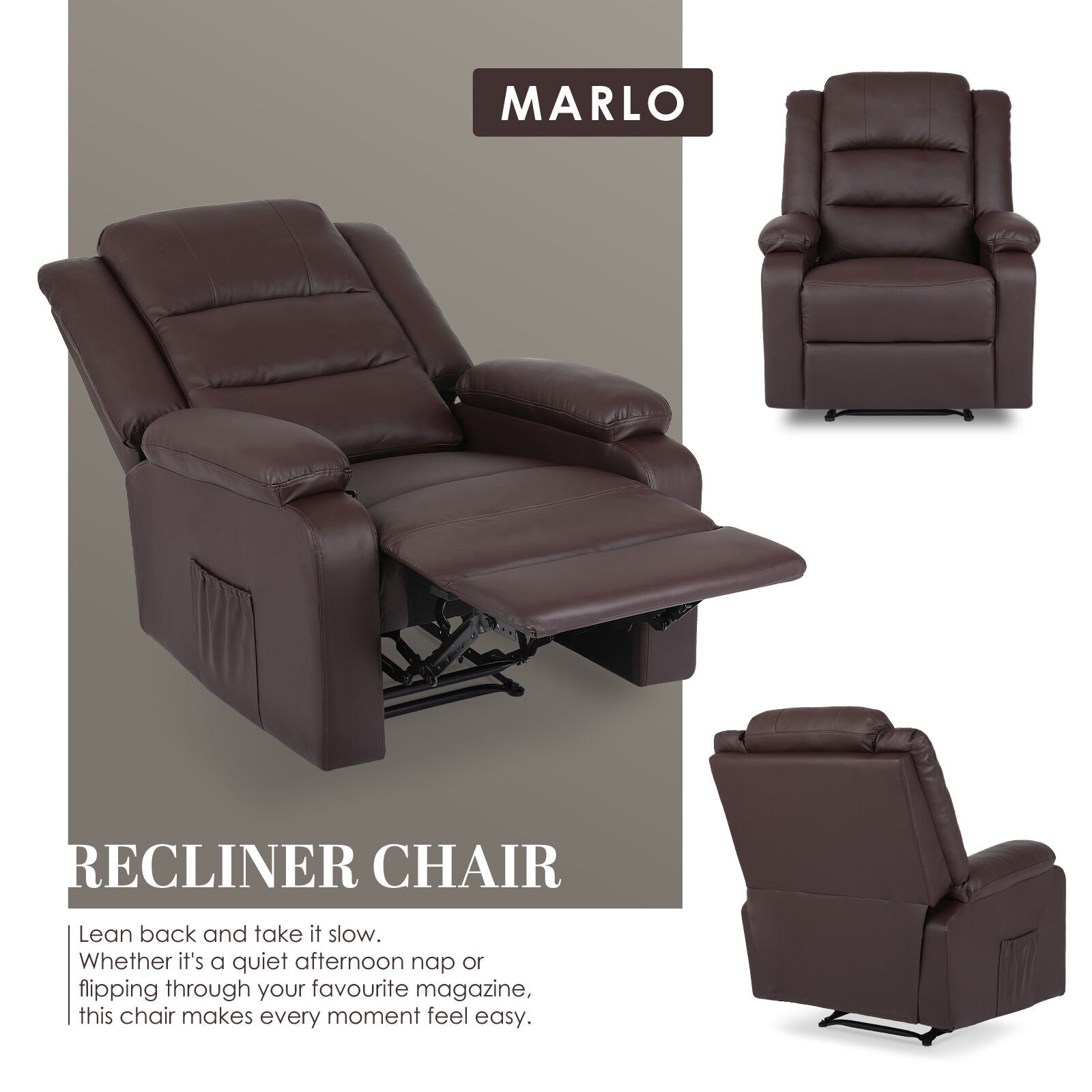 Home Recliner Chair - PU Leather Sofa Lounge Armchair MARLO BROWN V274-FT-RC-6502PU-LBN