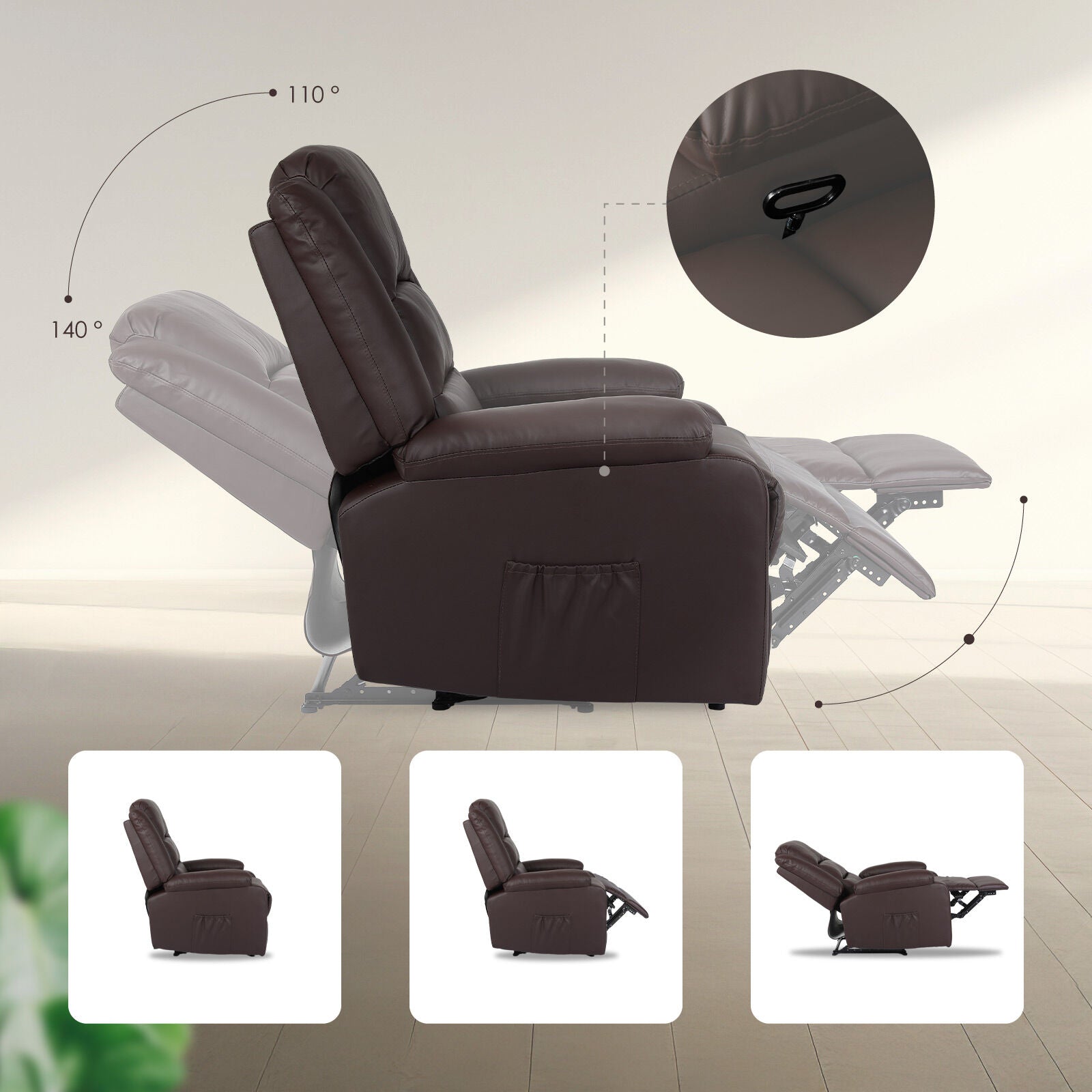 Home Recliner Chair - PU Leather Sofa Lounge Armchair MARLO BROWN V274-FT-RC-6502PU-LBN