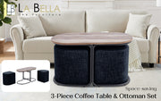 3 Piece Set Coffee Table & Ottoman Wood Side End Table Industrial - Black V274-FT-ST03-BK