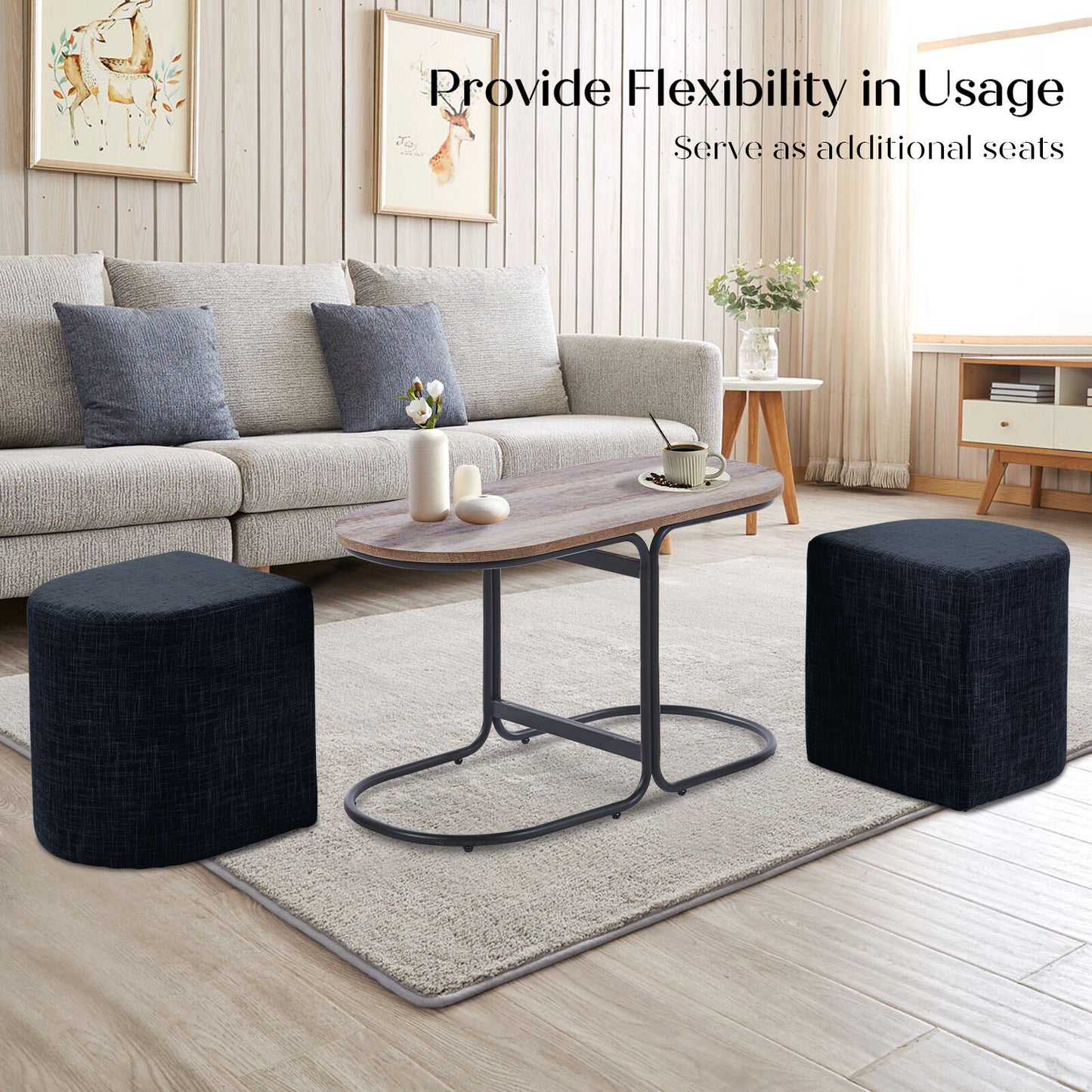 3 Piece Set Coffee Table & Ottoman Wood Side End Table Industrial - Black V274-FT-ST03-BK