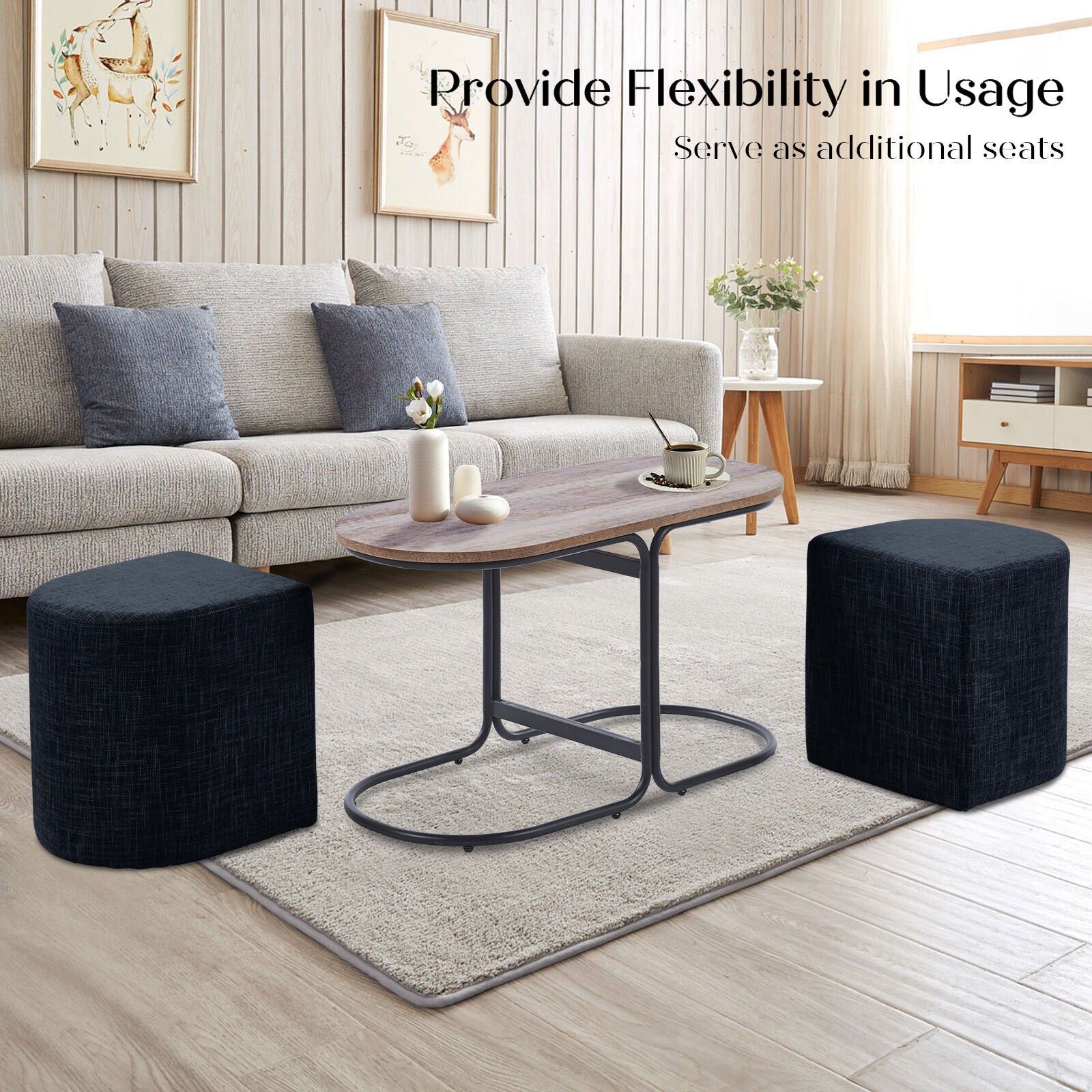3 Piece Set Coffee Table & Ottoman Wood Side End Table Industrial - Black V274-FT-ST03-BK