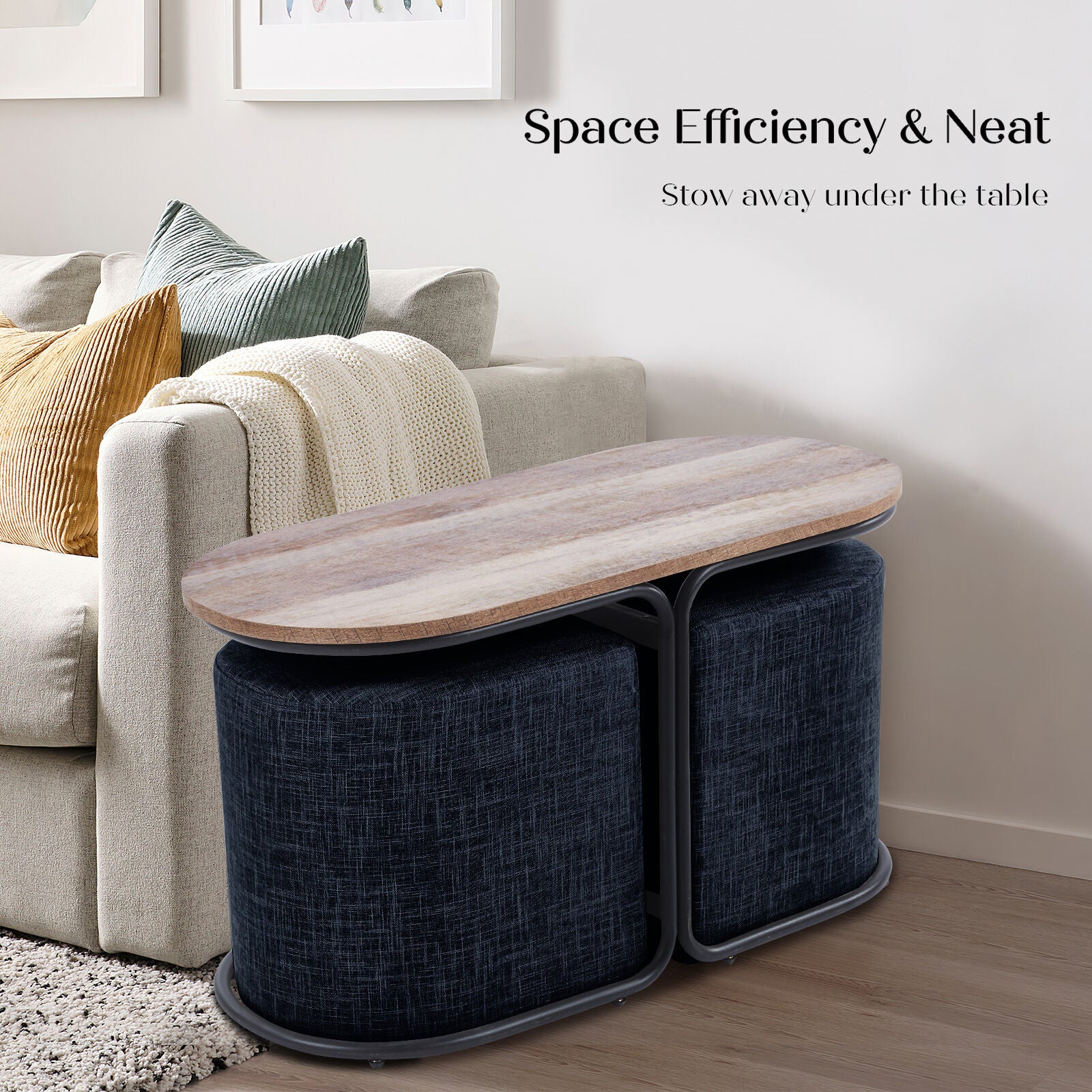 3 Piece Set Coffee Table & Ottoman Wood Side End Table Industrial - Black V274-FT-ST03-BK