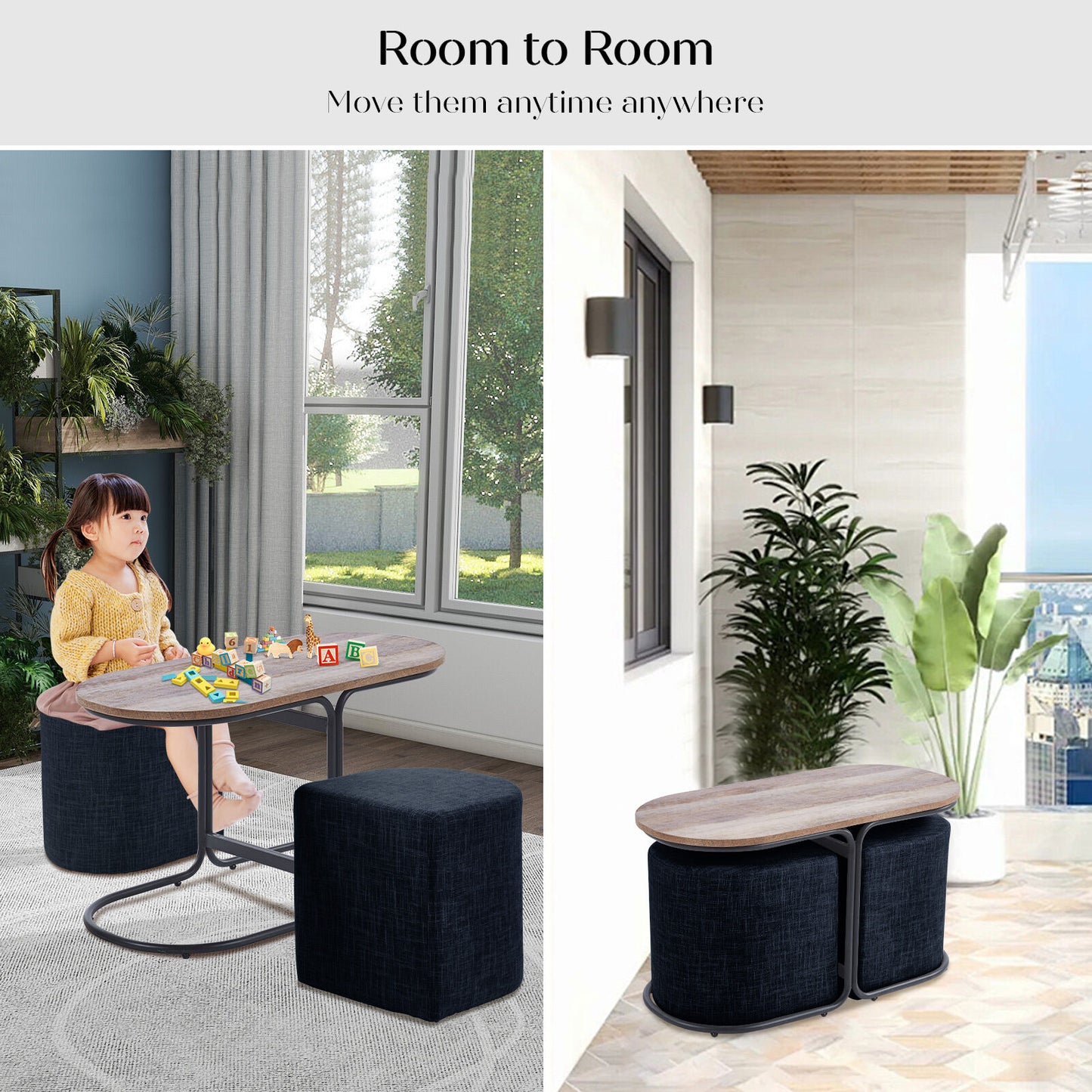 3 Piece Set Coffee Table & Ottoman Wood Side End Table Industrial - Black V274-FT-ST03-BK