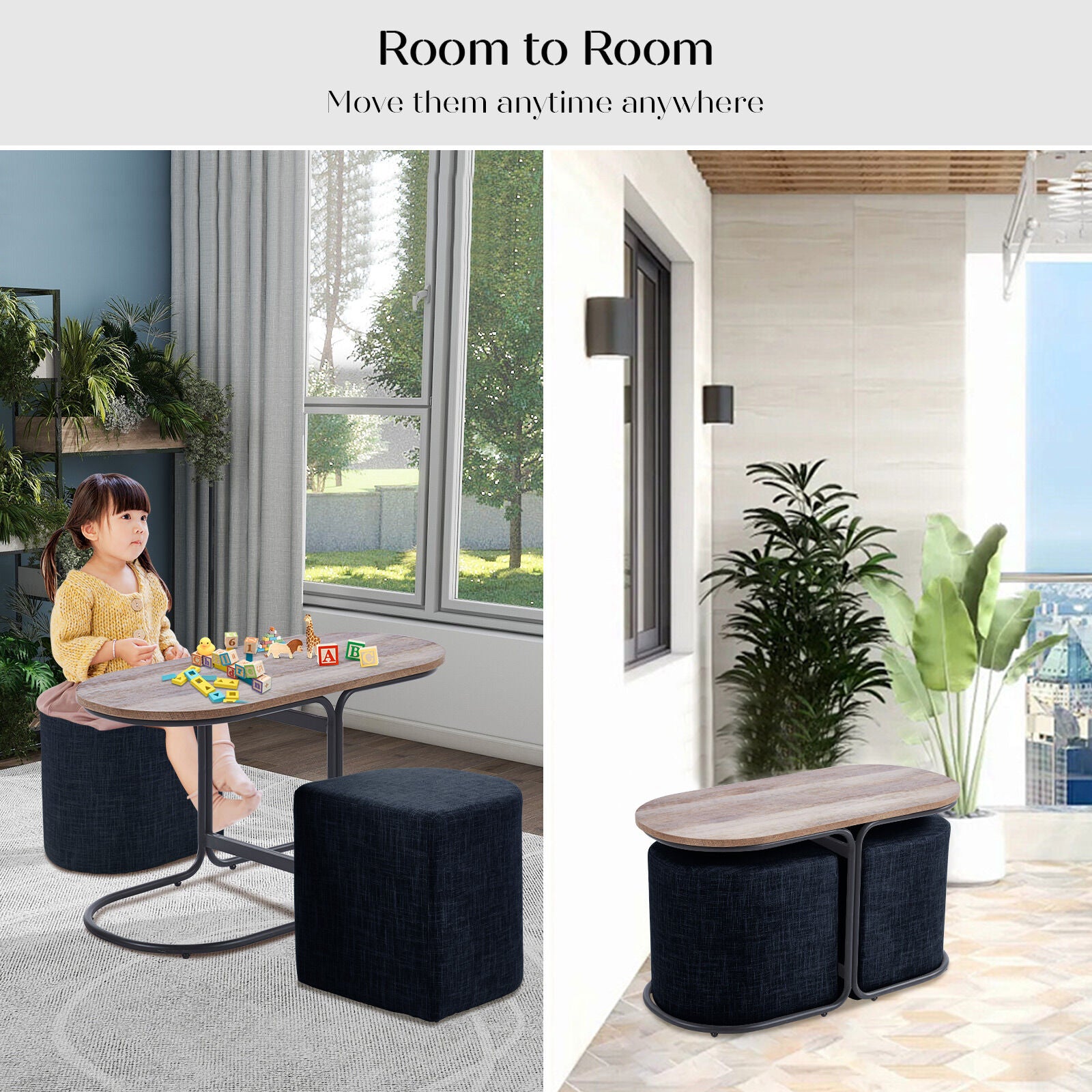 3 Piece Set Coffee Table & Ottoman Wood Side End Table Industrial - Black V274-FT-ST03-BK