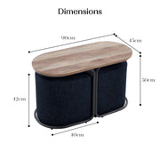 3 Piece Set Coffee Table & Ottoman Wood Side End Table Industrial - Black V274-FT-ST03-BK