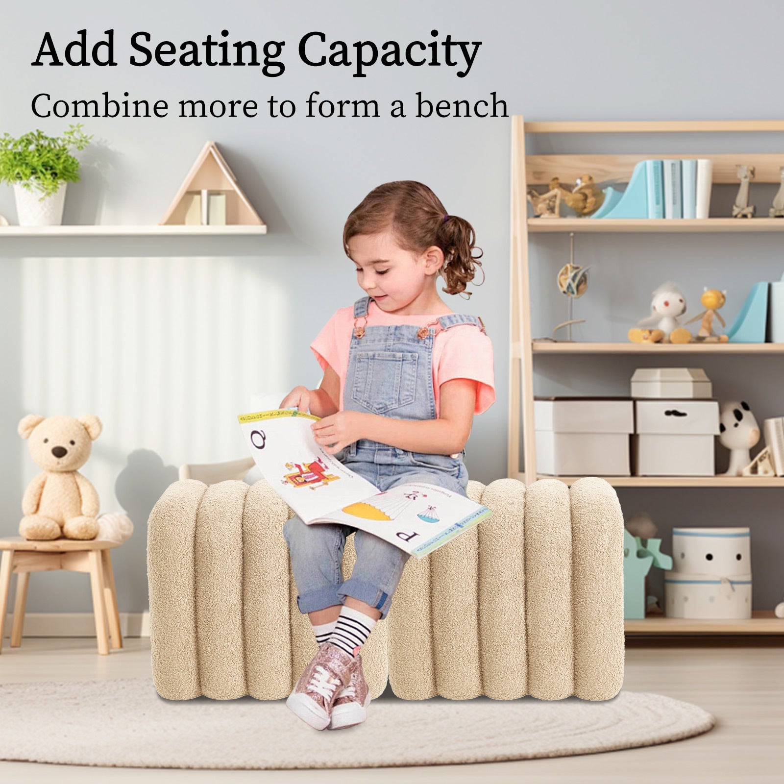 2X Ridge Arch Ottoman Stool Teddy Fleece Fabric Foot Rest 45cm BEIGE V274-FT-STKJP4177-BE2