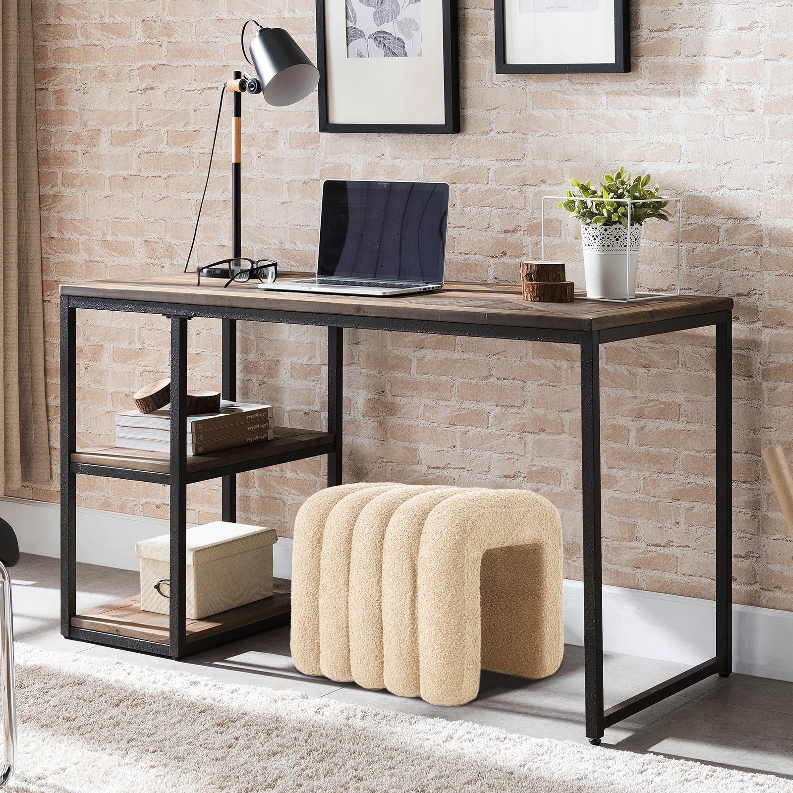 2X Ridge Arch Ottoman Stool Teddy Fleece Fabric Foot Rest 45cm BEIGE V274-FT-STKJP4177-BE2