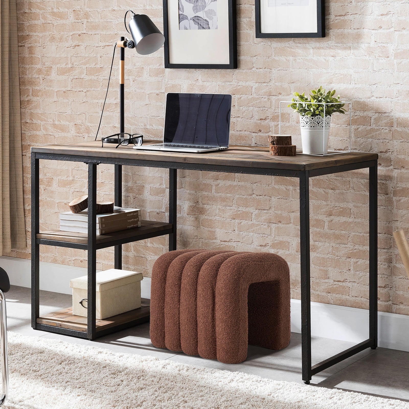 Ridge Arch Ottoman Stool Teddy Fleece Fabric Foot Rest 45cm BROWN V274-FT-STKJP4177-CHO