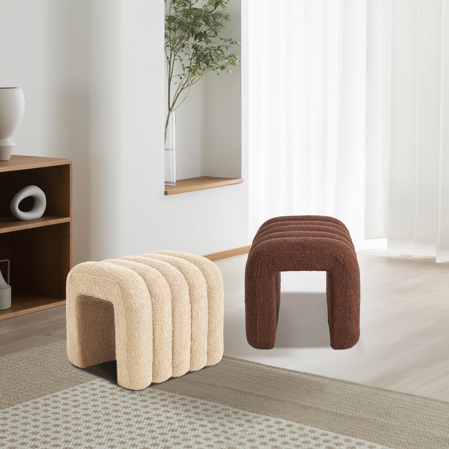2X Ridge Arch Ottoman Stool Teddy Fleece Fabric Foot Rest 45cm BROWN V274-FT-STKJP4177-CHO2