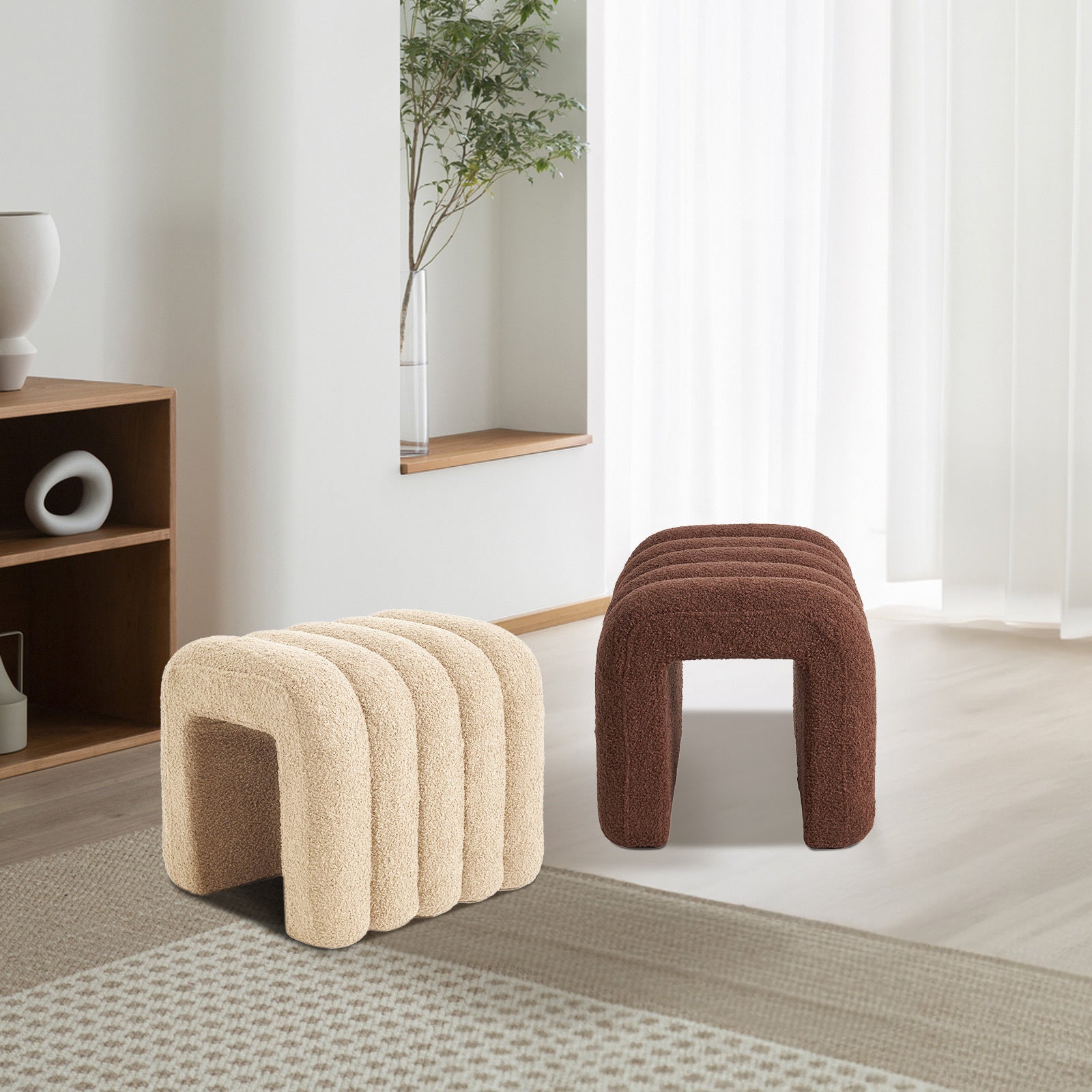 2X Ridge Arch Ottoman Stool Teddy Fleece Fabric Foot Rest 45cm BROWN V274-FT-STKJP4177-CHO2