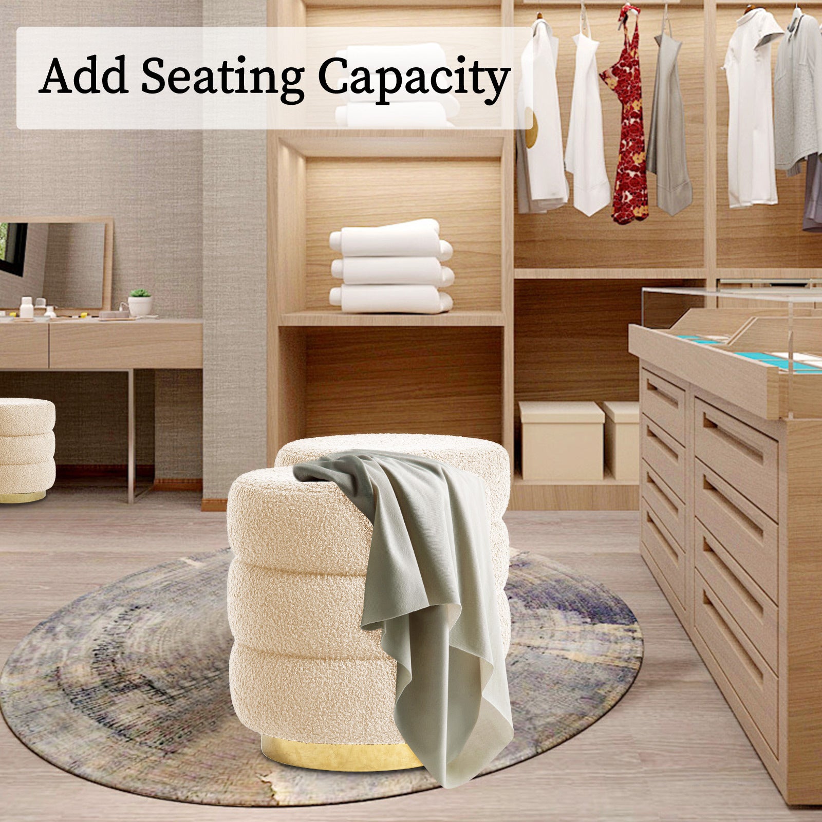 Round Stacked Ottoman Stool Teddy Fleece Fabric Foot Rest 38cm BEIGE V274-FT-STP067-BE
