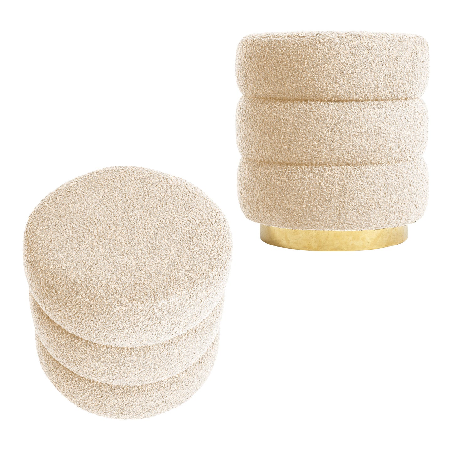 2X Round Stacked Ottoman Stool Teddy Fleece Fabric Foot Rest 38cm BEIGE V274-FT-STP067-BE2