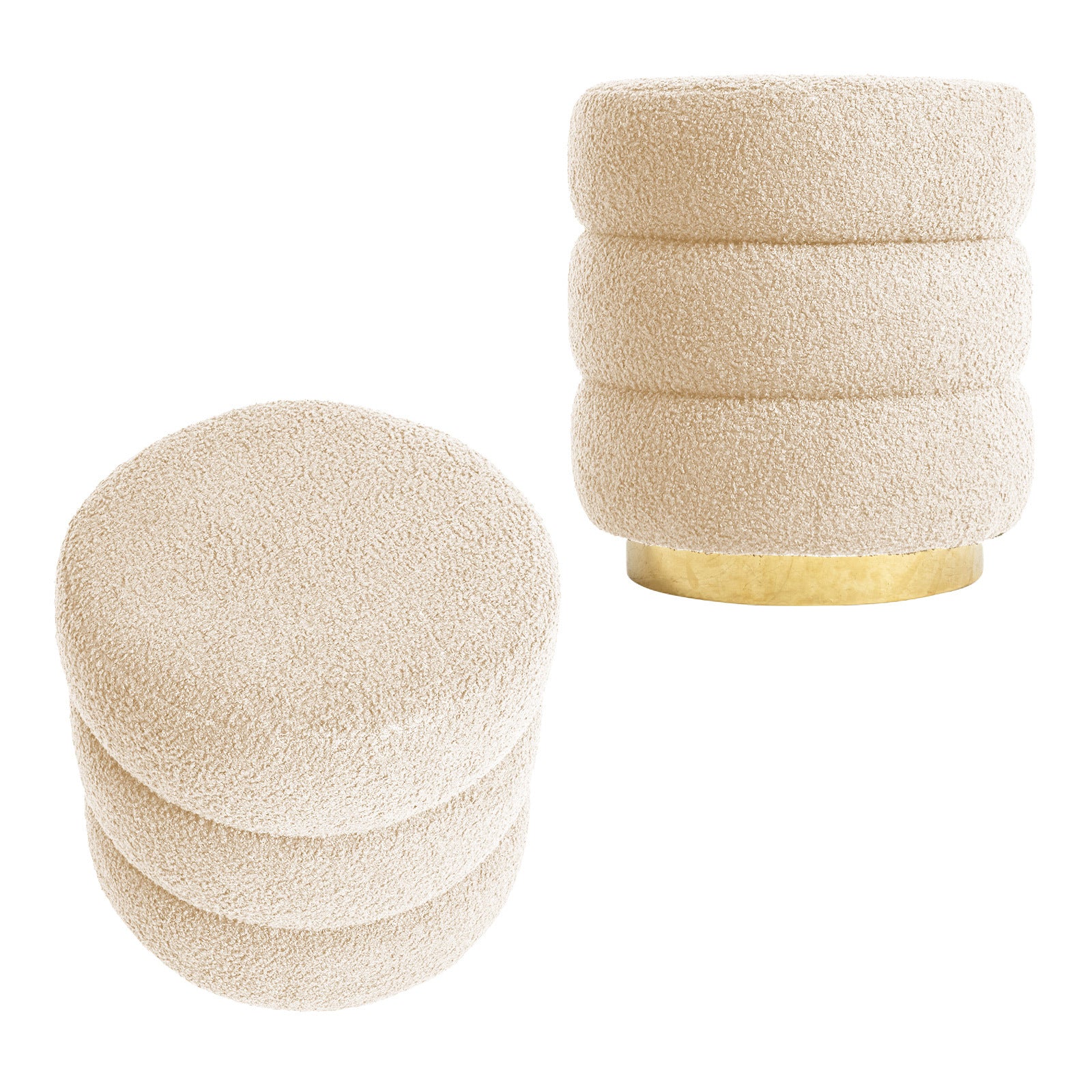 2X Round Stacked Ottoman Stool Teddy Fleece Fabric Foot Rest 38cm BEIGE V274-FT-STP067-BE2
