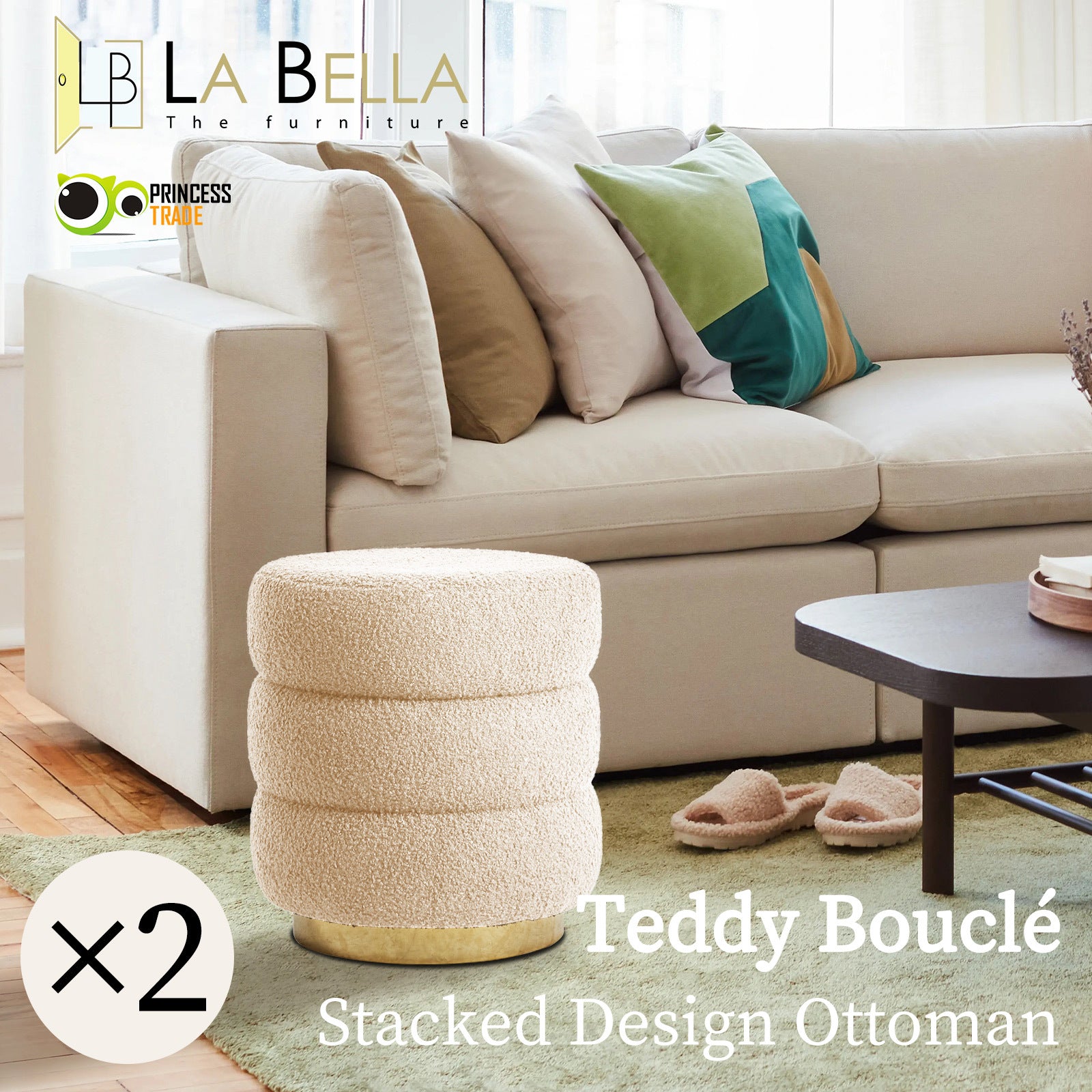 2X Round Stacked Ottoman Stool Teddy Fleece Fabric Foot Rest 38cm BEIGE V274-FT-STP067-BE2