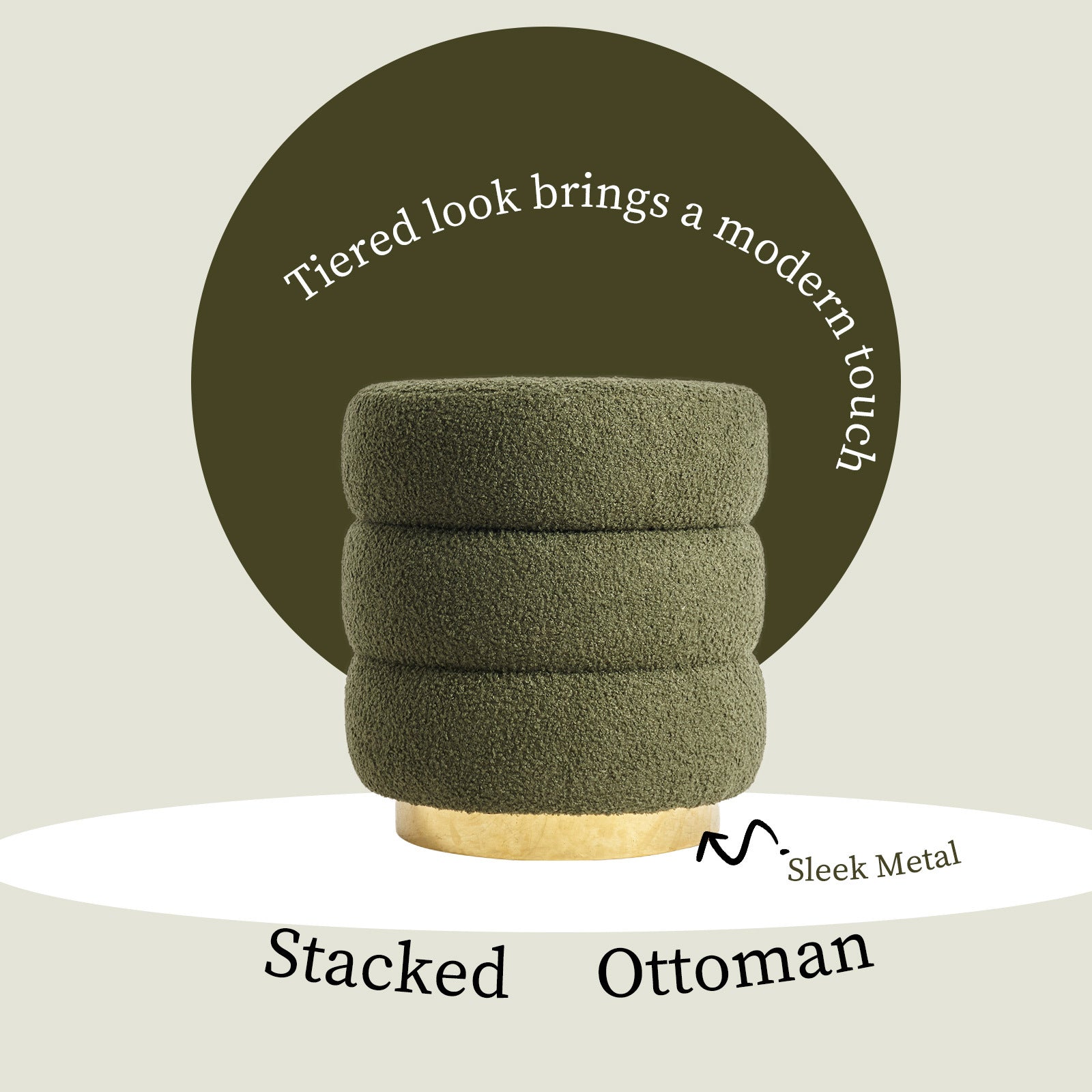 Round Stacked Ottoman Stool Teddy Fleece Fabric Foot Rest 38cm GREEN V274-FT-STP067-DGN
