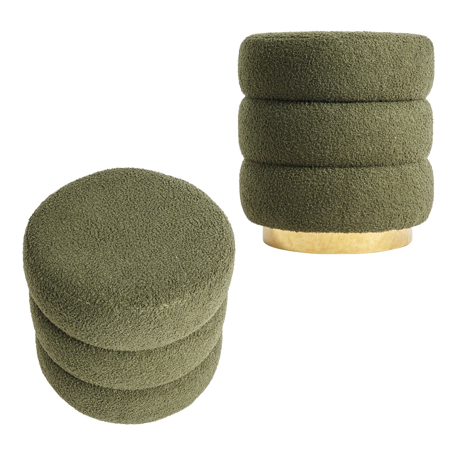 2X Round Stacked Ottoman Stool Teddy Fleece Fabric Foot Rest 38cm GREEN V274-FT-STP067-DGN2