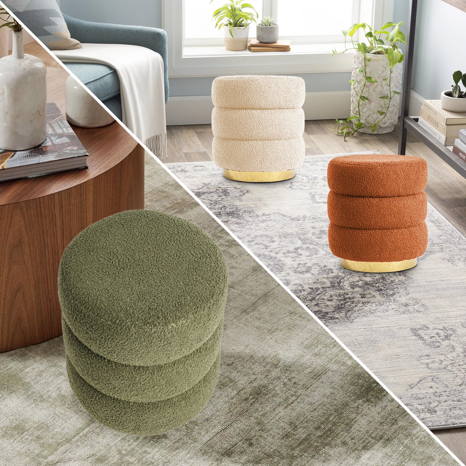 2X Round Stacked Ottoman Stool Teddy Fleece Fabric Foot Rest 38cm GREEN V274-FT-STP067-DGN2