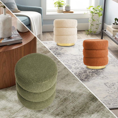 2X Round Stacked Ottoman Stool Teddy Fleece Fabric Foot Rest 38cm GREEN V274-FT-STP067-DGN2