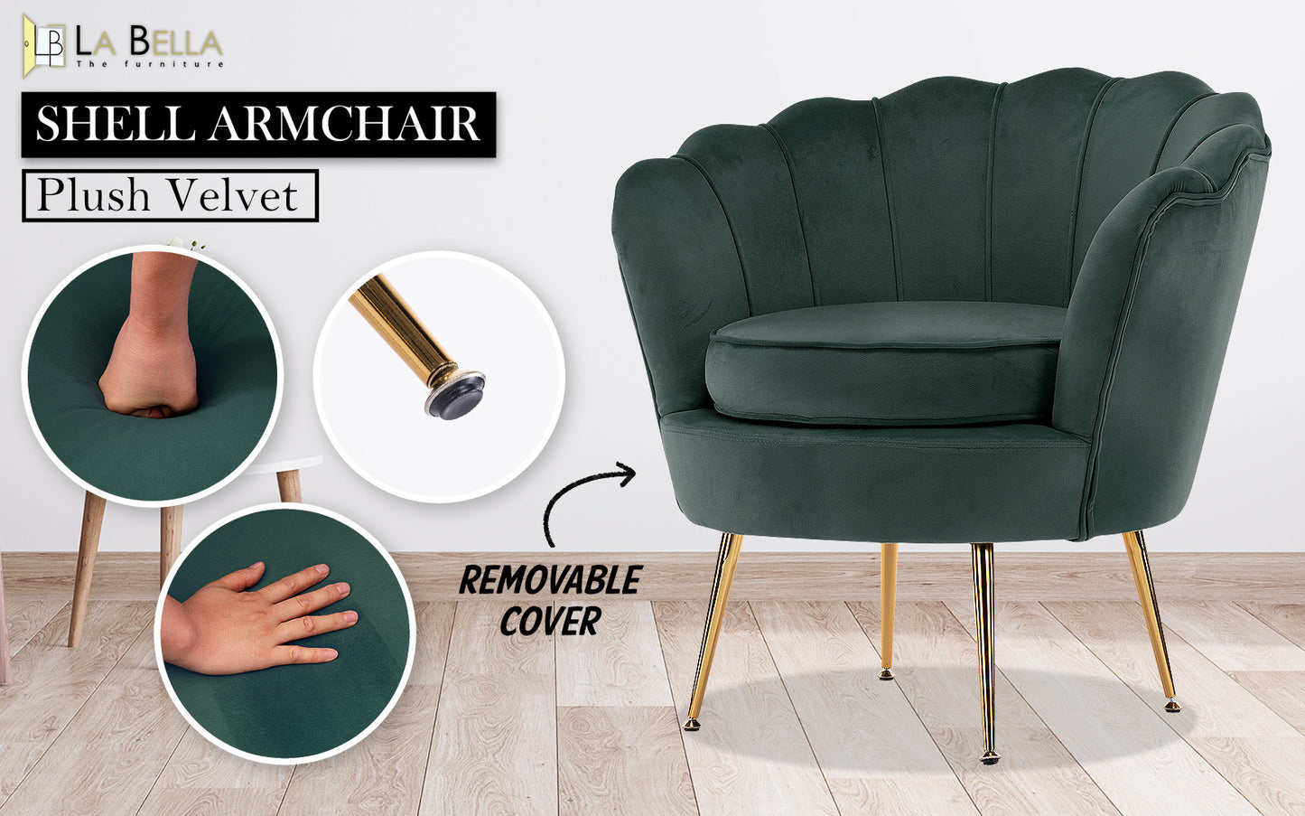 Armchair Padded Lounge Chair Accent Velvet Shell Scallop GREEN V274-FT-VAC-1596-GN