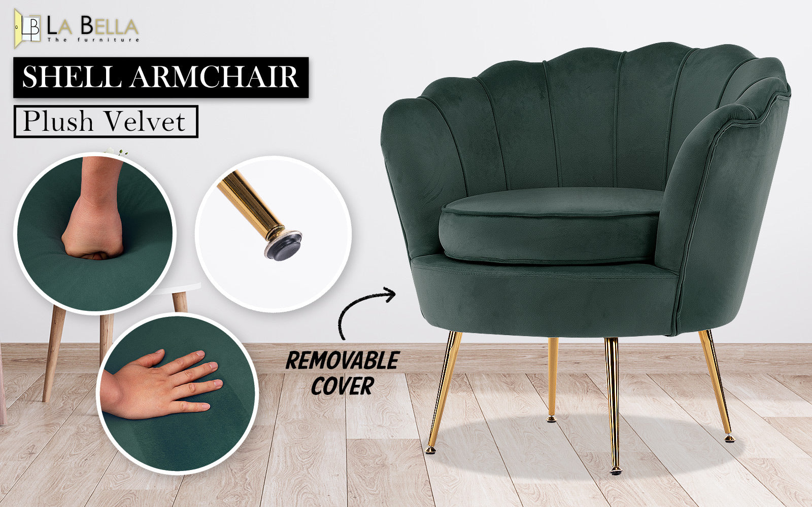 Armchair Padded Lounge Chair Accent Velvet Shell Scallop GREEN V274-FT-VAC-1596-GN