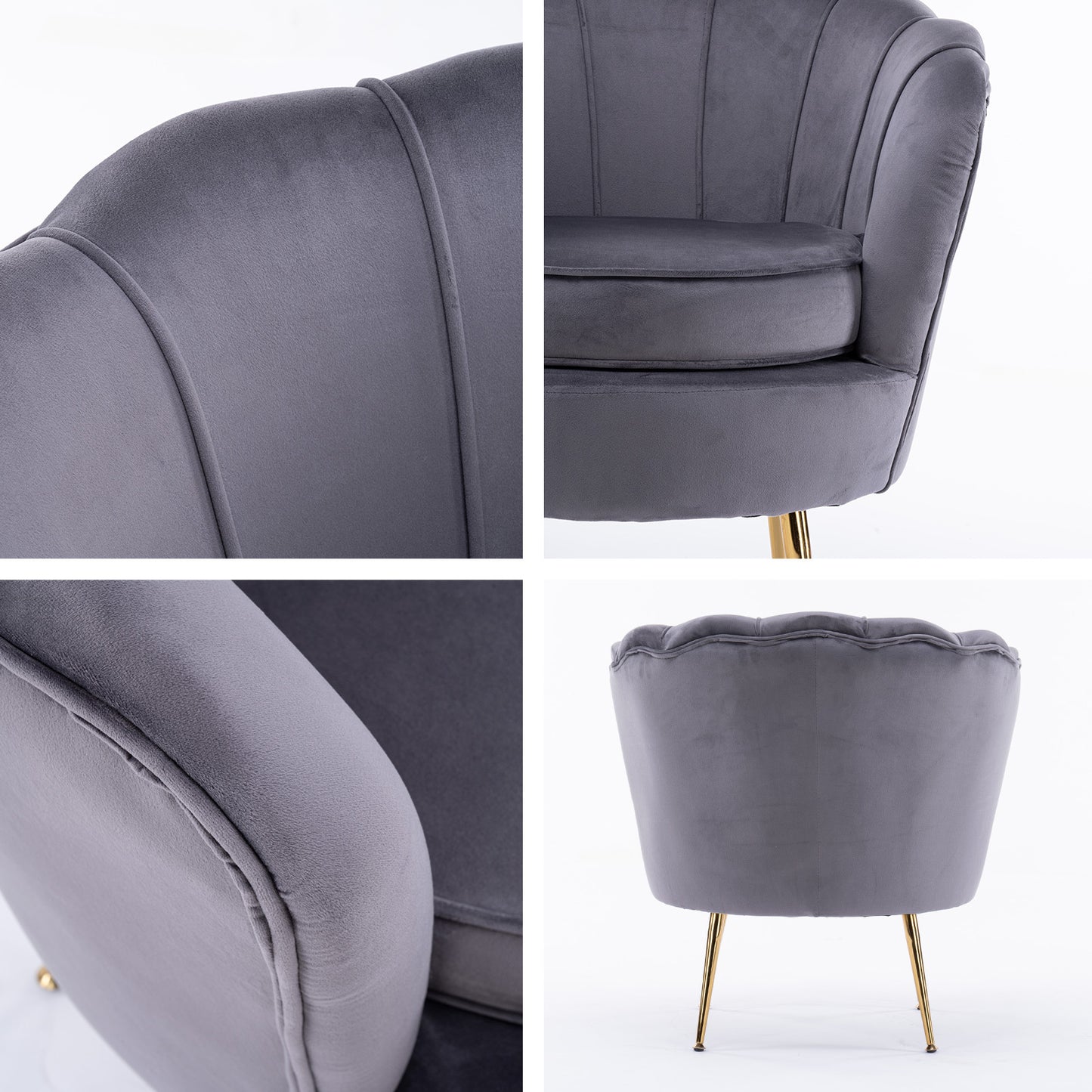 Armchair Padded Lounge Chair Accent Velvet Shell Scallop GREY V274-FT-VAC-1596-GY