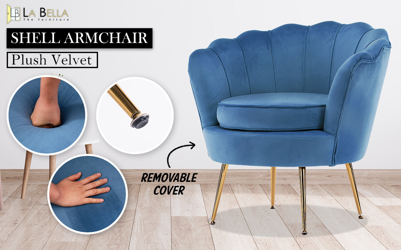 Armchair Padded Lounge Chair Accent Velvet Shell Scallop NAVY BLUE V274-FT-VAC-1596-NV