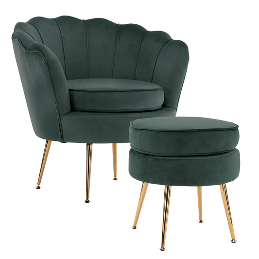 Armchair Lounge Chair Accent Velvet Shell Scallop + Ottoman Footstool Round GREEN V274-FT-VAC-ST-1596-GN