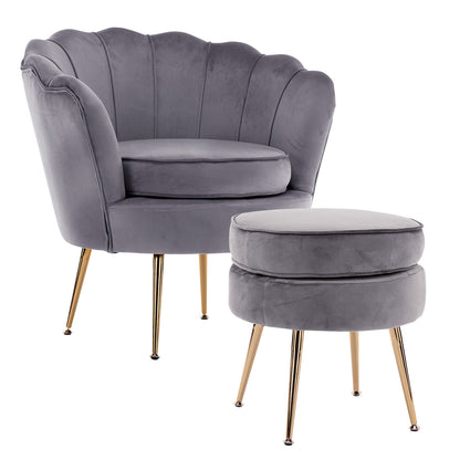 Armchair Lounge Chair Accent Velvet Shell Scallop + Ottoman Footstool Round GREY V274-FT-VAC-ST-1596-GY