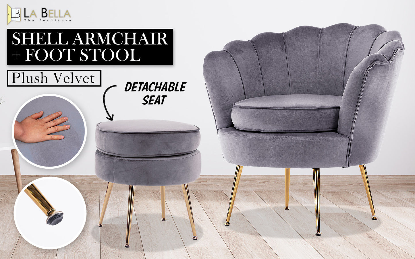 Armchair Lounge Chair Accent Velvet Shell Scallop + Ottoman Footstool Round GREY V274-FT-VAC-ST-1596-GY
