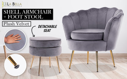 Armchair Lounge Chair Accent Velvet Shell Scallop + Ottoman Footstool Round GREY V274-FT-VAC-ST-1596-GY