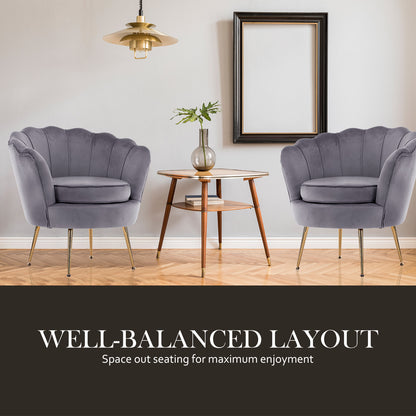 Armchair Lounge Chair Accent Velvet Shell Scallop + Ottoman Footstool Round GREY V274-FT-VAC-ST-1596-GY