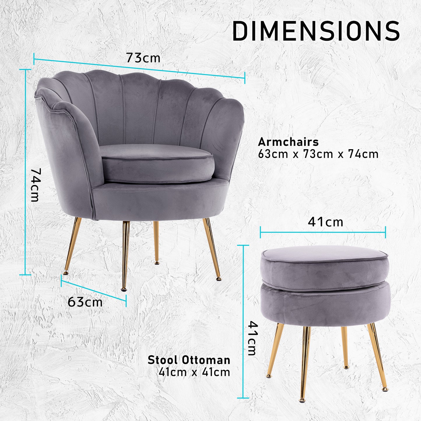 Armchair Lounge Chair Accent Velvet Shell Scallop + Ottoman Footstool Round GREY V274-FT-VAC-ST-1596-GY
