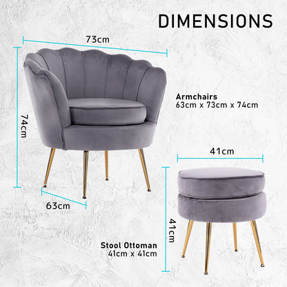 Armchair Lounge Chair Accent Velvet Shell Scallop + Ottoman Footstool Round GREY V274-FT-VAC-ST-1596-GY