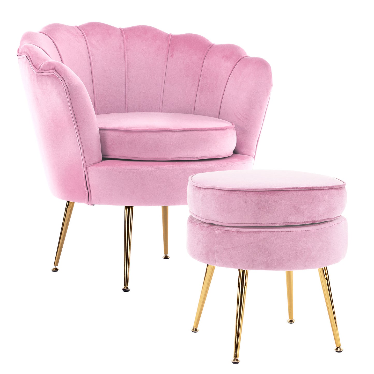 Armchair Lounge Chair Accent Velvet Shell Scallop + Round Ottoman Footstool PINK V274-FT-VAC-ST-1596-PK