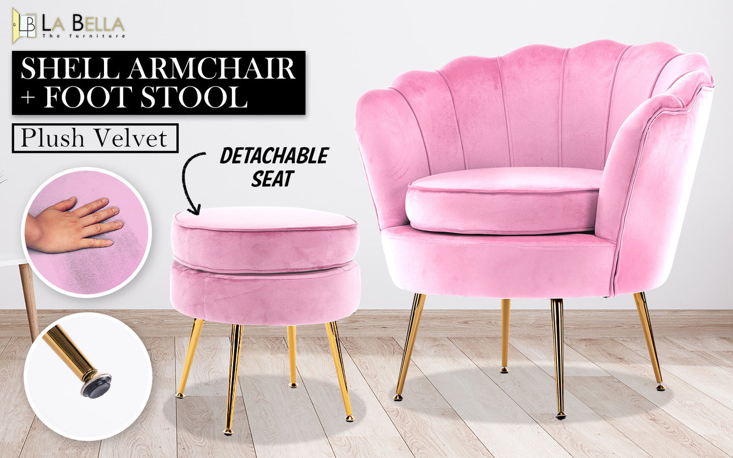 Armchair Lounge Chair Accent Velvet Shell Scallop + Round Ottoman Footstool PINK V274-FT-VAC-ST-1596-PK