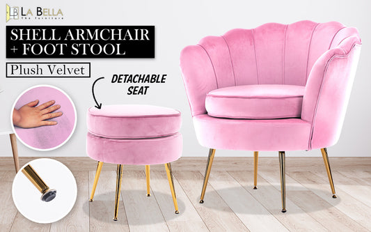 Armchair Lounge Chair Accent Velvet Shell Scallop + Round Ottoman Footstool PINK V274-FT-VAC-ST-1596-PK