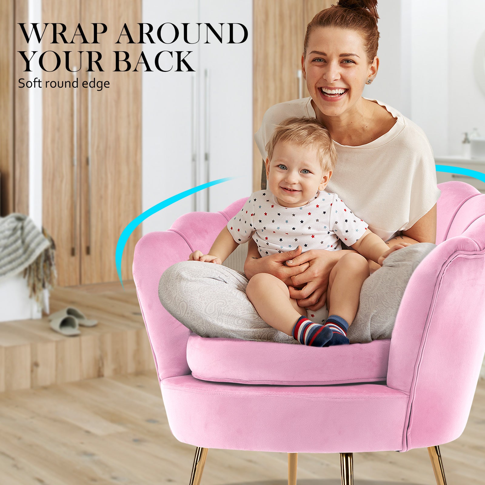 Armchair Lounge Chair Accent Velvet Shell Scallop + Round Ottoman Footstool PINK V274-FT-VAC-ST-1596-PK