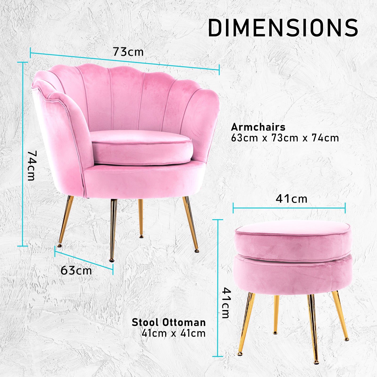 Armchair Lounge Chair Accent Velvet Shell Scallop + Round Ottoman Footstool PINK V274-FT-VAC-ST-1596-PK