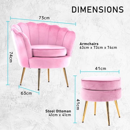 Armchair Lounge Chair Accent Velvet Shell Scallop + Round Ottoman Footstool PINK V274-FT-VAC-ST-1596-PK