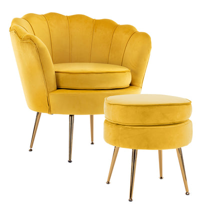 Armchair Lounge Chair Accent Velvet Shell Scallop + Round Ottoman Footstool YELLOW V274-FT-VAC-ST-1596-YE