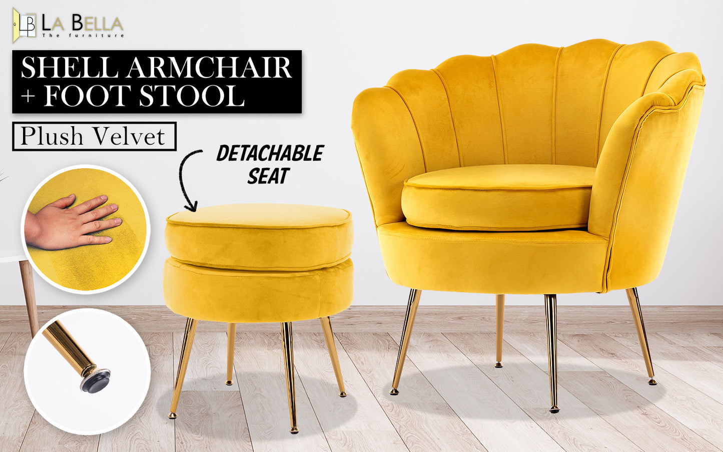 Armchair Lounge Chair Accent Velvet Shell Scallop + Round Ottoman Footstool YELLOW V274-FT-VAC-ST-1596-YE