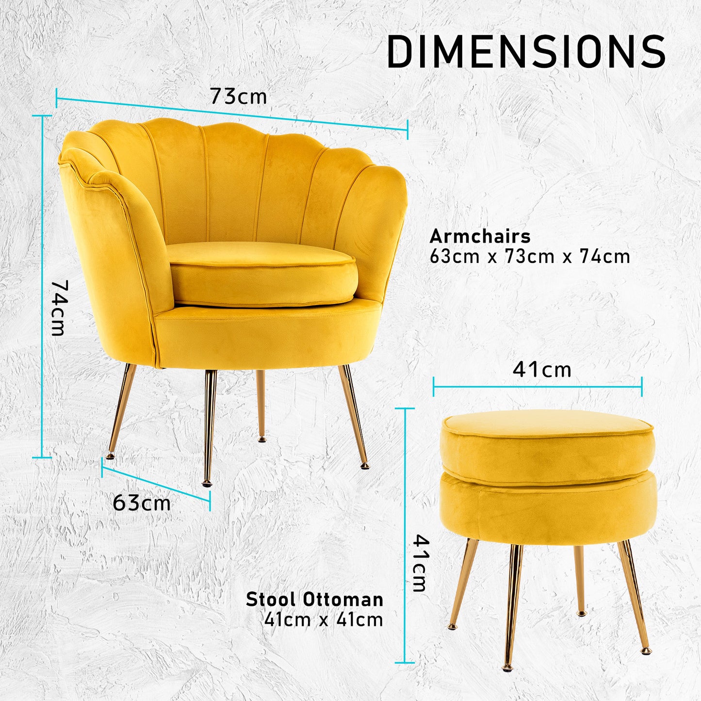 Armchair Lounge Chair Accent Velvet Shell Scallop + Round Ottoman Footstool YELLOW V274-FT-VAC-ST-1596-YE