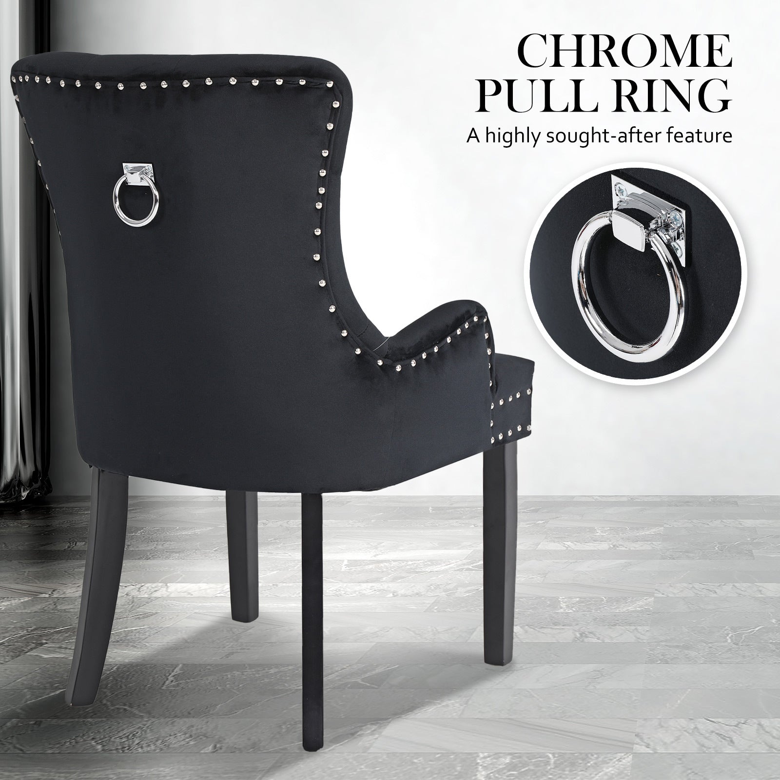French Provincial Dining Chair Ring Studded Velvet Rubberwood Leg LISSE BLACK V274-FT-VFC-1141-BK1