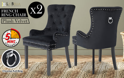 2X French Provincial Dining Chair Ring Studded Velvet Rubberwood Leg LISSE BLACK V274-FT-VFC-1141-BK2