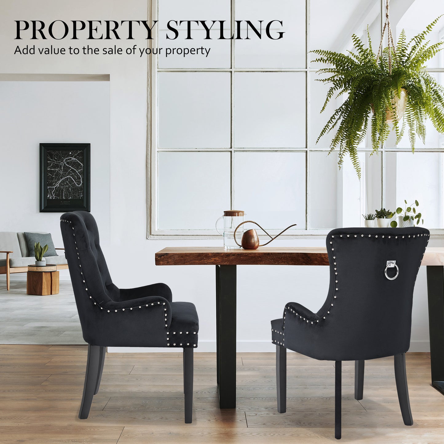 2X French Provincial Dining Chair Ring Studded Velvet Rubberwood Leg LISSE BLACK V274-FT-VFC-1141-BK2