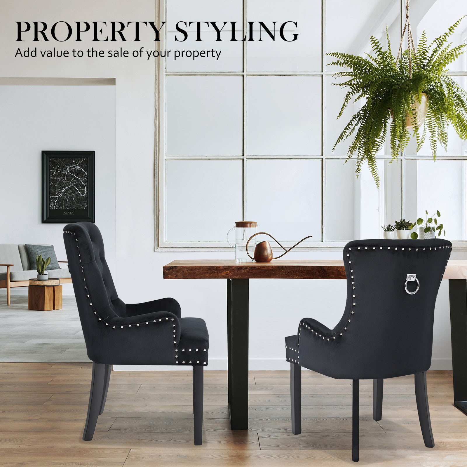 2X French Provincial Dining Chair Ring Studded Velvet Rubberwood Leg LISSE BLACK V274-FT-VFC-1141-BK2